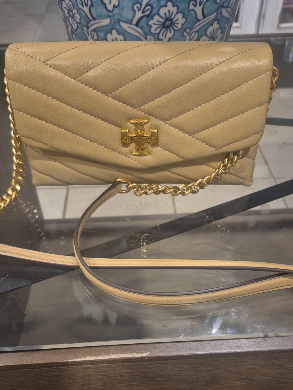 Tory Burch Pale Yellow Quilted Leather Crossbody with Gold Chain